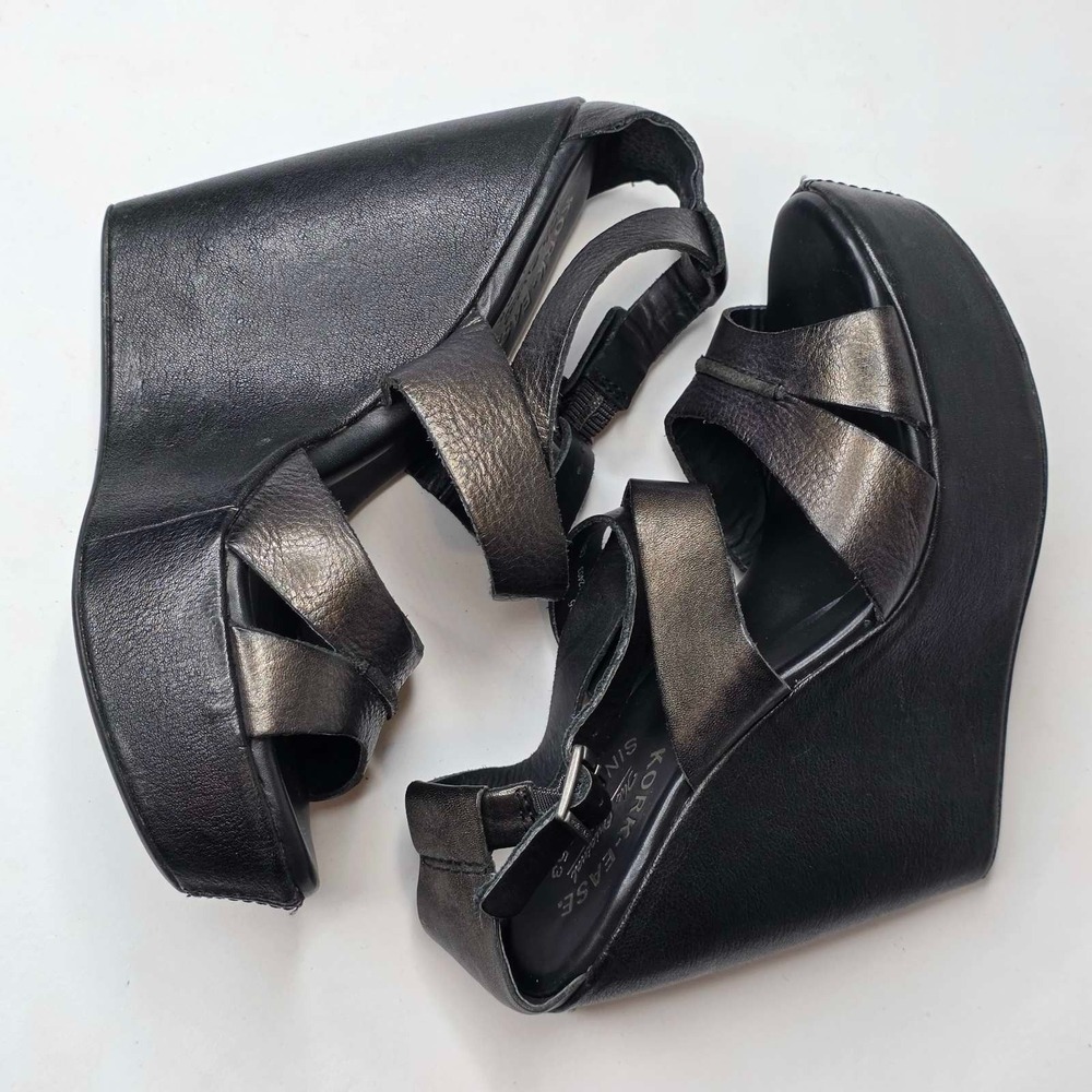 Kork-Ease Gracen Sandals Women's 6 Metallic Black Leather Buckle Platform Wedge - Picture 9 of 16